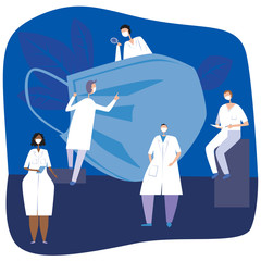 Doctors pulmonologists and a big medical mask as a concept of protection against respiratory diseases and coronovirus, flat vector stock illustration with small people in white coats and a doctor