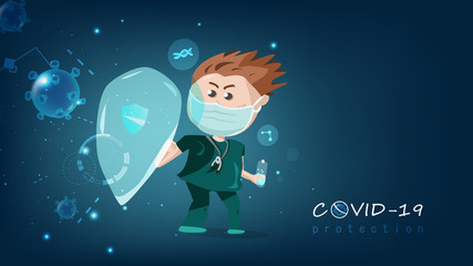 Doctor character holding the shield fighting with virus infection, medical healthcare protection concept cartoon creative design, technology development vector illustration