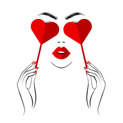 Stylish woman is keeping paper hearts in her hands and closing eyes, beautiful face, red lips, lush eyelashes, red nails manicure art. Beauty logo. Vector illustration, wallpaper background print.