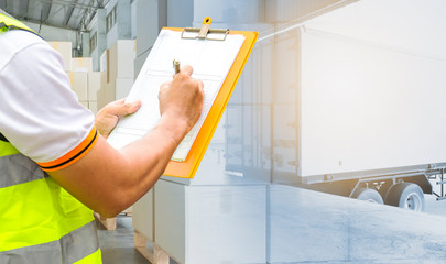 double exposure of worker courier holding clipboard checking shipment goods, package boxes, cargo export with freight truck transport