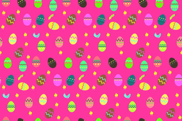 Seamless pattern with Easter decoration on replaceable white background. Running chickens, Easter eggs,Easter bunny, chicks.
