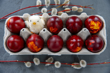 Easter eggs in a cardboard box, one fluffy toy chicken and willow branches on a gray background.