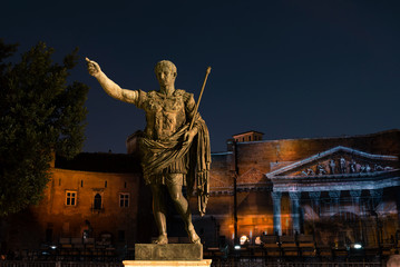Statue of Emperor August, Imperial Forum, Forum of Augustus, Rome. Bronze replica, the original is in Vatican Museum. Augusto was the first Roman emperor and under his rule Jesus of Nazareth was born.
