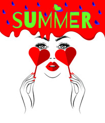 Bright summer banner with beautiful fashion woman, keeping paper hearts, red lips, colorful nails manicure. Abstract background, fashion wallpaper. Vector illustration.