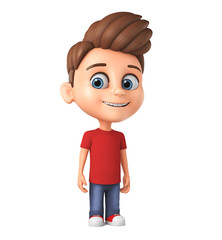 Little cartoon character boy on a white background. 3D rendering illustration.