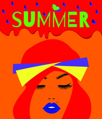Summer banner with watermelon juice background, beautiful woman in fashion scarf on the head, red hair, print wallpaper. Vector illustration.