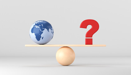 Blue globe and red question mark on the scales. 3d render illustration.