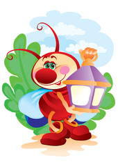 cute character firefly holds in its paws a huge lantern on a background of grass, vector illusion,