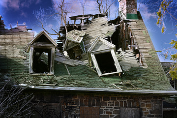 Old abandoned stone house with dormers and a collapsed roof and menacing sky