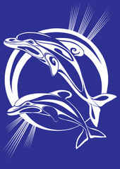 two stylized dolphins jump up on the background of the stylized sun, blue color, vector illustration,