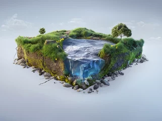 Poster Im Rahmen Reise- und Urlaubshintergrund. 3D-Darstellung mit Schnitt des Bodens und der Graslandschaft mit dem Schnitt des Teiches. Babynatur getrennt auf Weiß. © vitaliy_melnik