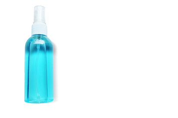A bottle of Ethanol or ethyl alcohol spray for based hand rub is highly effective in reducing influenza a virus on human hands isolated on white background. Healthy and Covid-19 epidemic Concept.