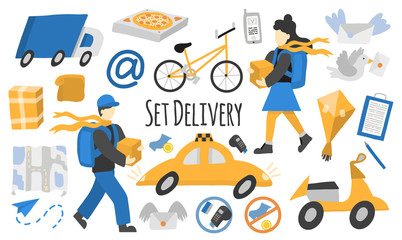 Set of vector clipart delivery. Courier man and woman with boxes and backpacks. Symbols of delivery, payment, dispatch of goods, transport. Isolated illustration in flat style on a white background.