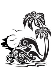 Fototapeta na wymiar stylized palm trees with waves and frne of stylized sun in black on a white background, vector illustration,