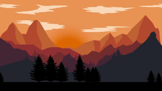 Animated cartoon background. Looped animation of mountain landscape with pine trees. Flat footage with parallax effect. side view