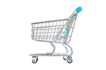 Empty shopping cart close-up isolated on a white background. Consumerism, sale and shopping concept.