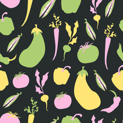 Vector seamless pattern with handraw vegetables on the dark background. Cabbage, peppers, tomatoes, carrots and bean. Colorful cartoon style. For textile design, kitchen, menu, wallpaper, flat.