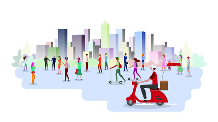 People walking on the city street. Color cityscape ecology.  People using mobile internet technology. Building panorama background. vector illustration. 