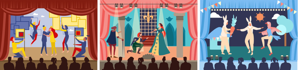 Actors on theater stage vector illustration. Cartoon flat character play act or scene of drama show in theatre interior, acting people in opera performance, audience watching theatrical premiere set - obrazy, fototapety, plakaty