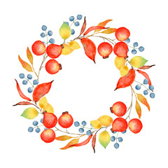 Floral Watercolor Wreath. Autumn Forest Elements. Branch. Leaves. Berries. Botany. Fall Season. Illustration - 336095948