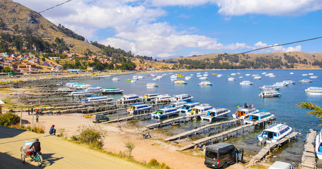 Bolivia Copacapana bay moored boats