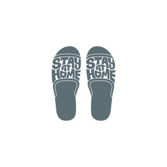 Illustration of cozy home slippers with an appeal to stay at home. Warning symbol about quarantine. Isolated vector on a white background.