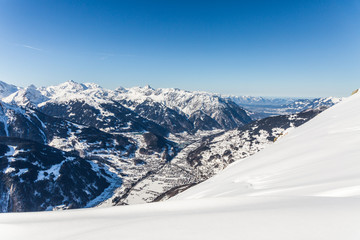 Fototapeta na wymiar aerial view of Schruns in the Alps valley Montafon located at river Litz in Vorarlberg, Austria, during winter season