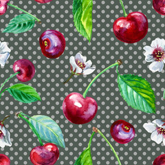 Seamless pattern of ripe cherries and flowers on a gray polka dot background, watercolor illustration, print for fabric, background for various designs.