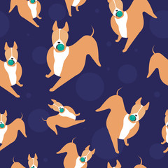 Seamless pattern with bull terrier and ball in the teeth for children, flat vector stock illustration with cute pet or dog character as backdrop or background