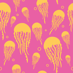 Vector cartoon seamless pattern with yellow jellyfish on pink background.