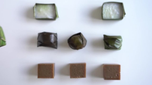 Malaysian food. chocolate jelly, kuih koci, and kuih tepung pelita.