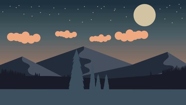Animated cartoon background. Looped animation of mountain landscape with pine trees. Flat footage with parallax effect. side view