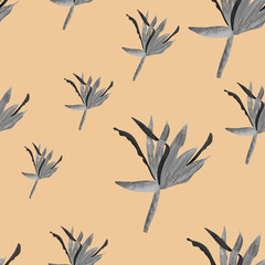 seamless pattern with grey tropical strelitzia flowers on beige background. Elegant floral print. Packaging, wallpaper, textile, fabric design  
