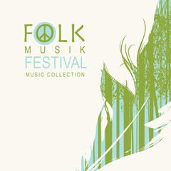 Fototapeta premium Vector poster for a folk music festival decorated by green feather and silhouettes of slender trees on a light background. Music collection