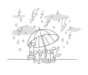 Cute Cartoon Businessman with Umbrella Standing Under the Rain. Big City Silhouette on Background. Vector Illustration