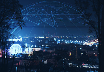 Night cityscape and network connection lines. Cloud technology
