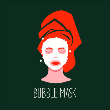 Vector flat illustration with white girl with a towel on his head and bubble mask. Self care concept. Cartoon style. Beauty rituals and skin care. Flat design, package, posters, advertising.