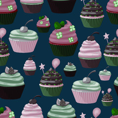 cupcake. vector illustration. pattern. background dark blue