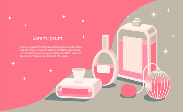 Vector illustration for landing page with 3d stylized perfume bootles and place for text isolated on pink background. Flat cartoon style. For web pages, banners, poster design, cosmetics industry.