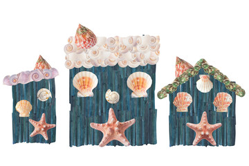 Scallop and seashells souvenir houses. Ocean clip art on white background