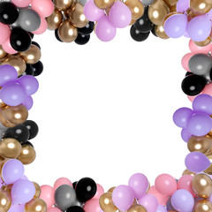 Frame made of different color balloons on white background. Space for design