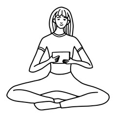 Hand drawn vector illustration. The young girl sits in a lotus position and looks in the gadget. Calm and comfort concept. Black outline graphic drawing isolated on white. Doodles, flat, simple style.