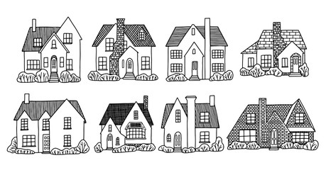 Set of various lovely country houses. Collection of hand drawn vector illustration in cartoon flat style. Contour drawings isolated on white. For design, cards, print, banners, posters, stickers etc.