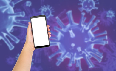 Hand holding blank white screen mobile phone with blurred image of Coronavirus background. medical concept