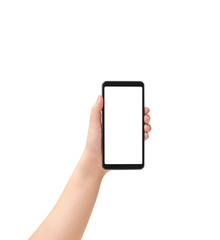 Woman hand holding black smartphone with blank white screen isolated on white background. clipping path