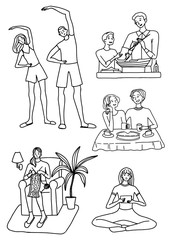 Set of illustrations of people engaged in various hobbies and entertainment at home. Hand drawn vector drawing collection in cartoon flat style. Contour simple elements for design isolated on white.
