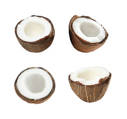 Set of ripe coconut halves isolated on white