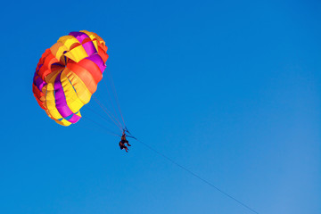Couple under parachute hanging mid air. Having fun. Tropical Paradise. Positive human emotions, feelings, family, travel, vacation. Tourism day. Copy space