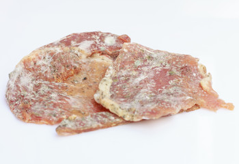 Close up Moldy spores on Dried pork isolate