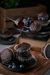 chocolate vegan muffins on a wooden background. Blueberry  on side. Dark and moody photo style.